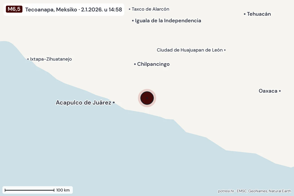 Karta: šire područje, 600 km, potres M6,5, Tecoanapa, Meksiko, 2.1.2026.