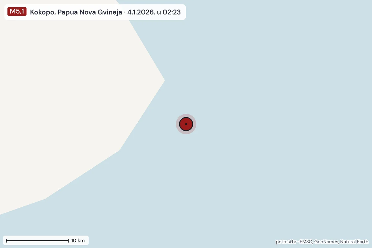Karta: okolica epicentra, 60 km, potres M5,1, Kokopo, Papua Nova Gvineja, 4.1.2026.