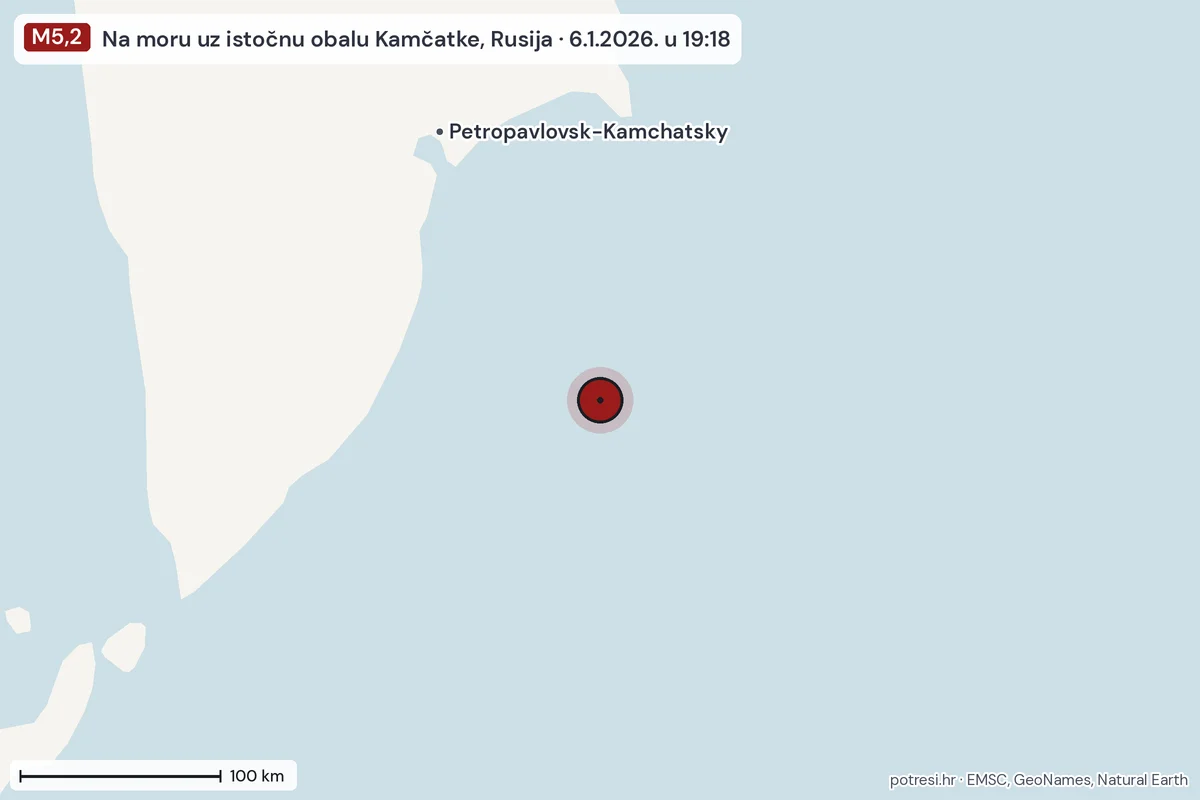 Karta: šire područje, 600 km, potres M5,2, Na moru uz istočnu obalu Kamčatke, Rusija, 6.1.2026.