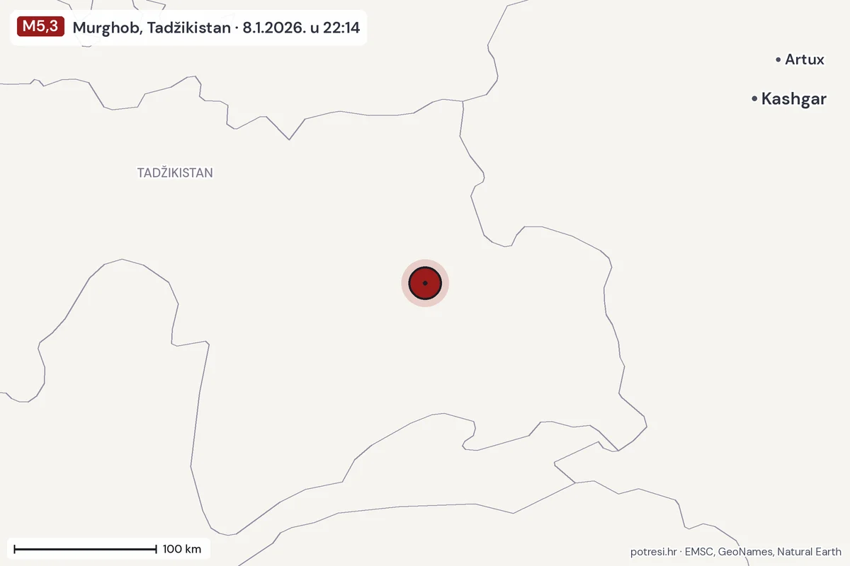 Karta: šire područje, 600 km, potres M5,3, Murghob, Tadžikistan, 8.1.2026.