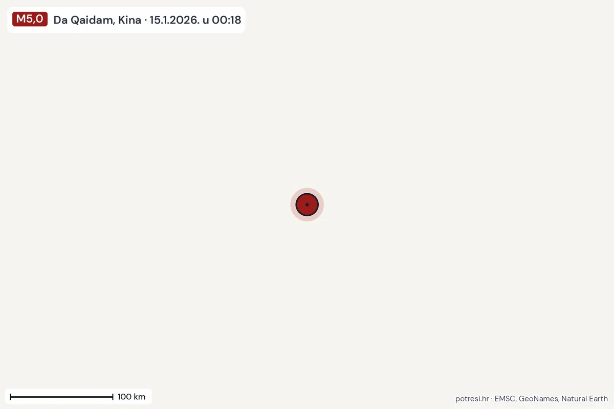 Karta: šire područje, 600 km, potres M5,0, Da Qaidam, Kina, 15.1.2026.