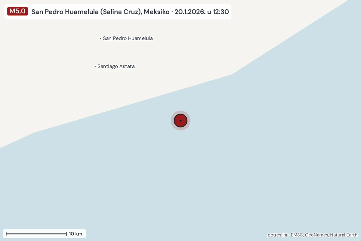Karta: okolica epicentra, 60 km, potres M5,0, San Pedro Huamelula (Salina Cruz), Meksiko, 20.1.2026.
