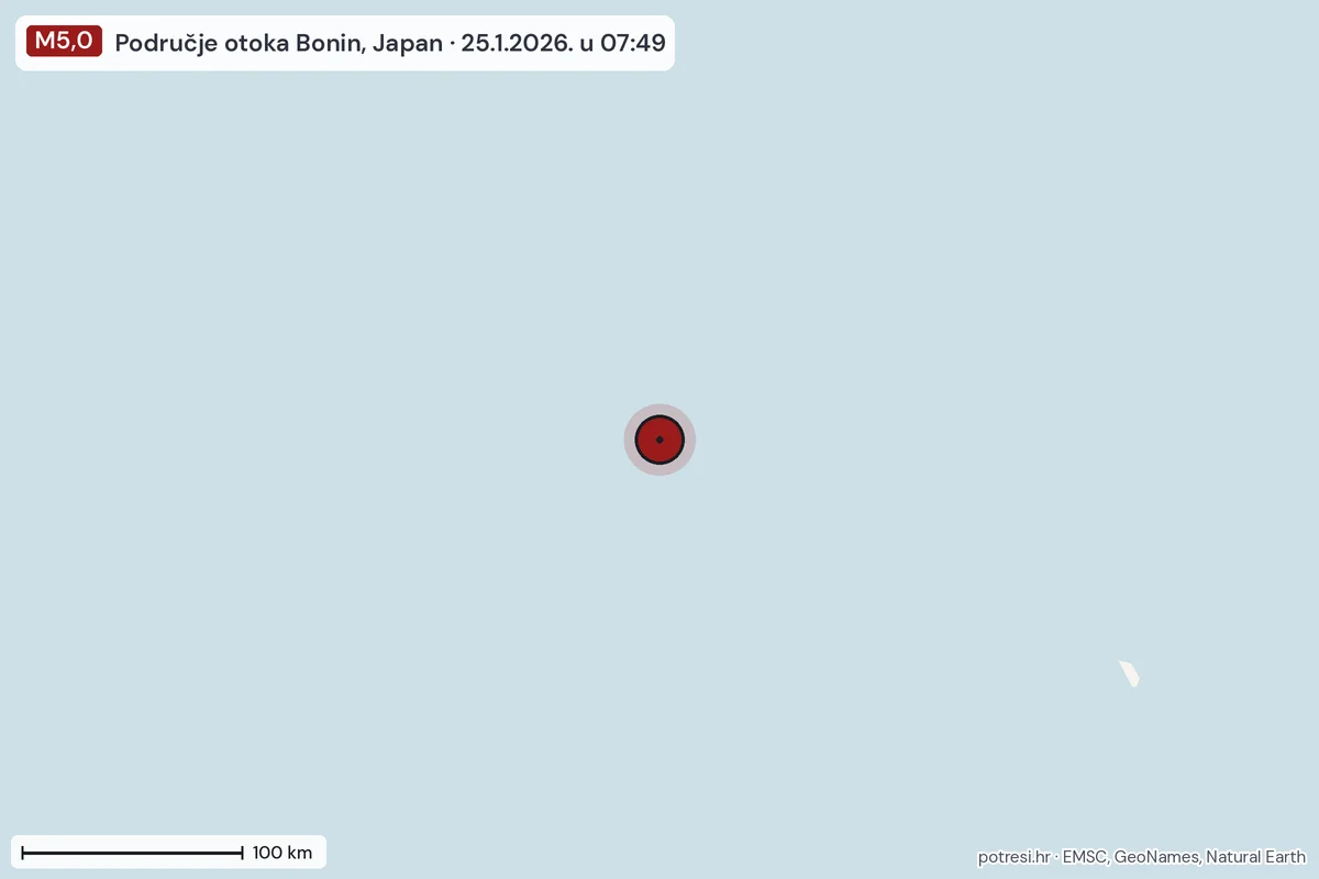 Karta: šire područje, 600 km, potres M5,0, Područje otoka Bonin, Japan, 25.1.2026.