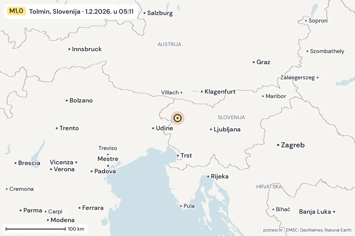 Karta: šire područje, 600 km, potres M1,0, Tolmin, Slovenija, 1.2.2026.