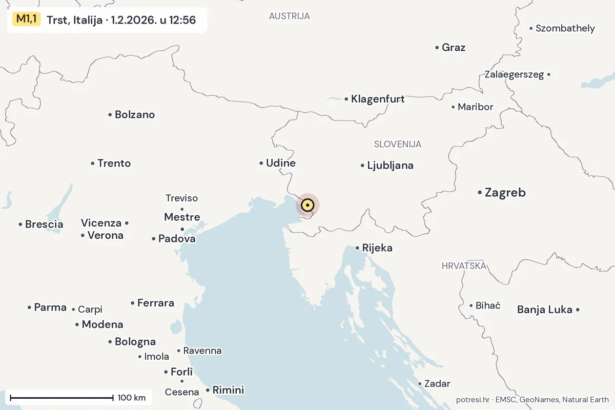 Karta: šire područje, 600 km, potres M1,1, Trst, Italija, 1.2.2026.