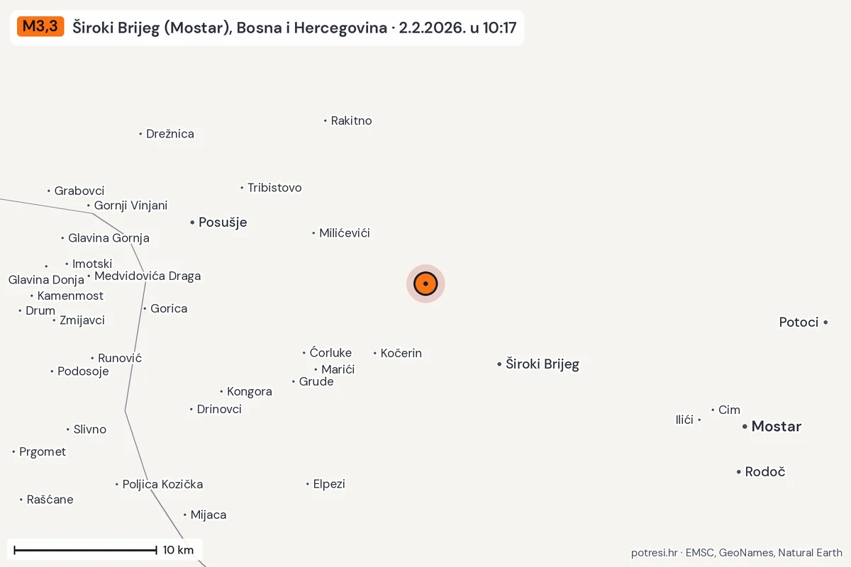 Karta: okolica epicentra, 60 km, potres M3,3, Široki Brijeg (Mostar), Bosna i Hercegovina, 2.2.2026.