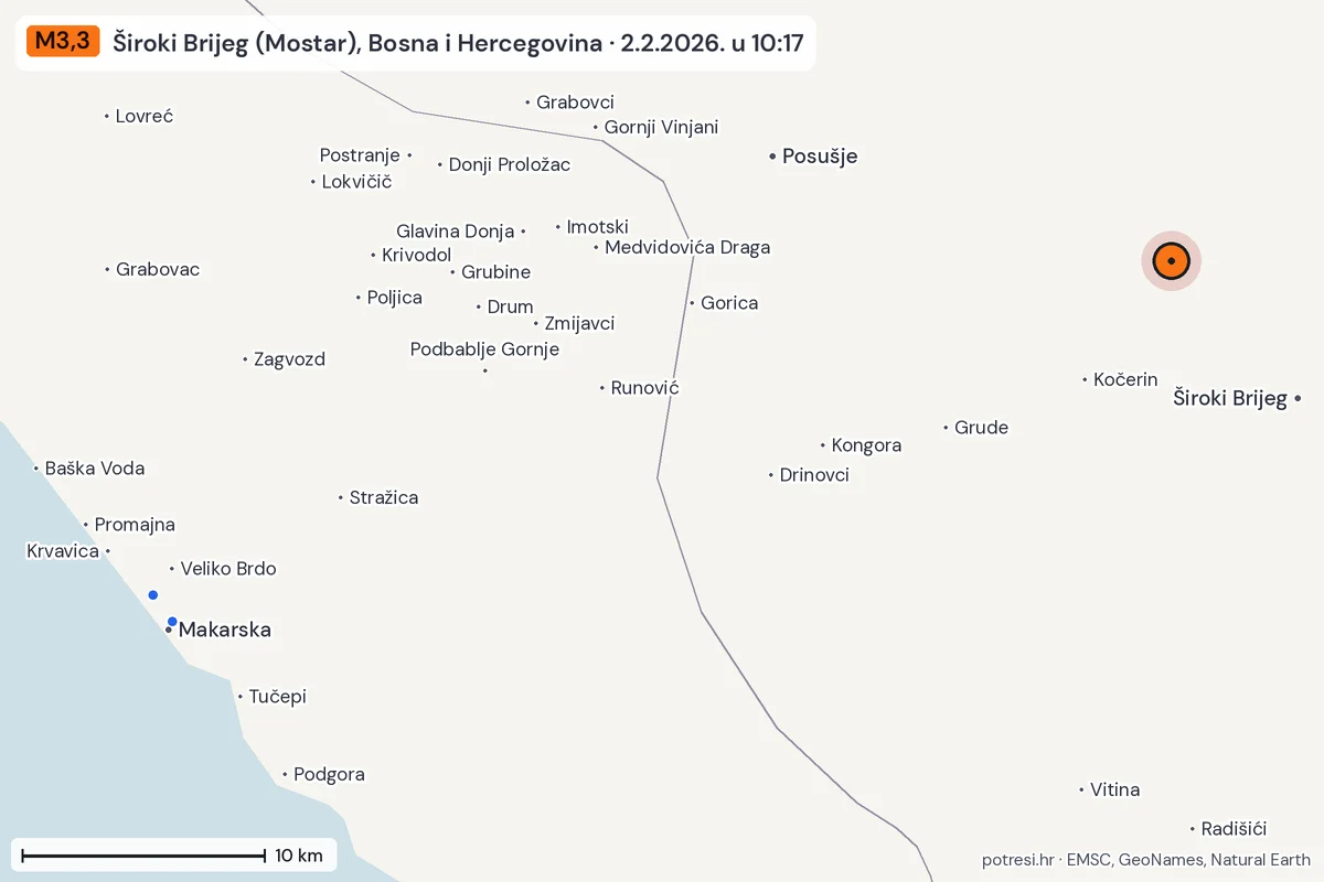 Karta: izvješća građana, potres M3,3, Široki Brijeg (Mostar), Bosna i Hercegovina, 2.2.2026.
