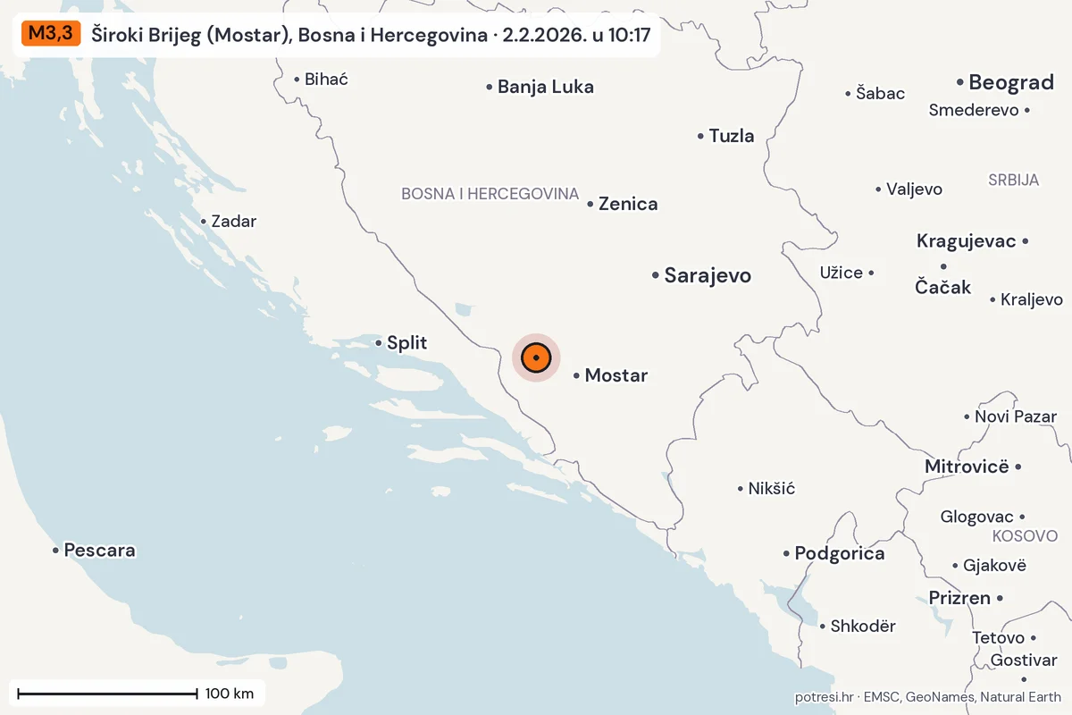 Karta: šire područje, 600 km, potres M3,3, Široki Brijeg (Mostar), Bosna i Hercegovina, 2.2.2026.