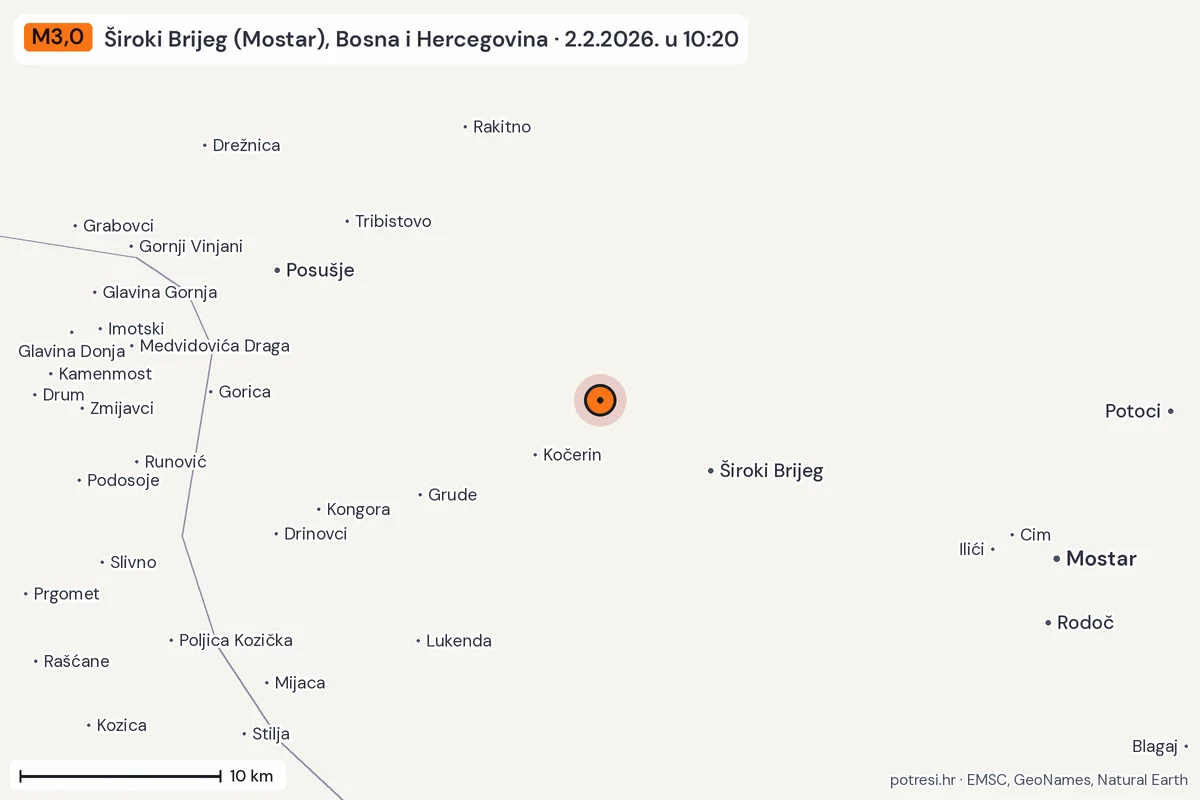 Karta: okolica epicentra, 60 km, potres M3,0, Široki Brijeg (Mostar), Bosna i Hercegovina, 2.2.2026.