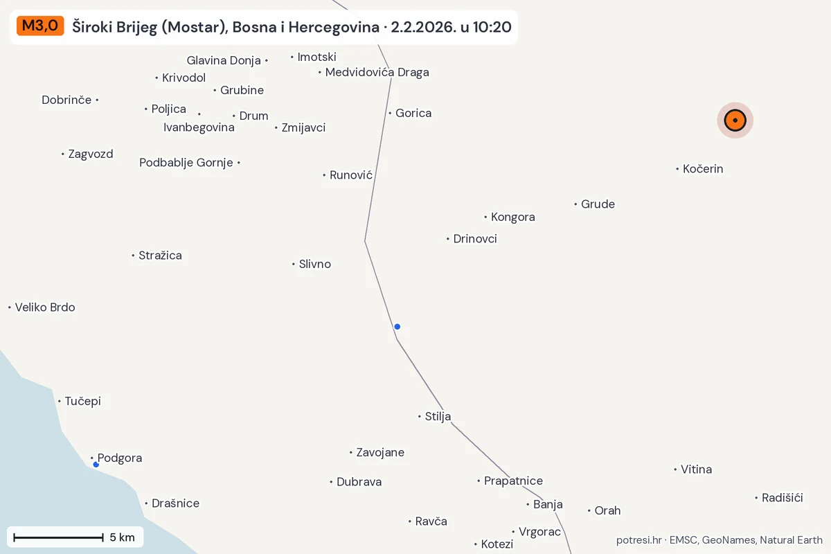 Karta: izvješća građana, potres M3,0, Široki Brijeg (Mostar), Bosna i Hercegovina, 2.2.2026.