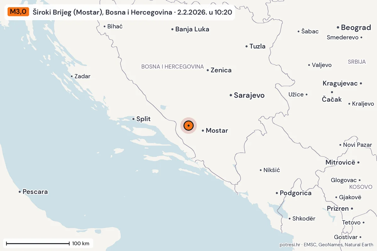 Karta: šire područje, 600 km, potres M3,0, Široki Brijeg (Mostar), Bosna i Hercegovina, 2.2.2026.