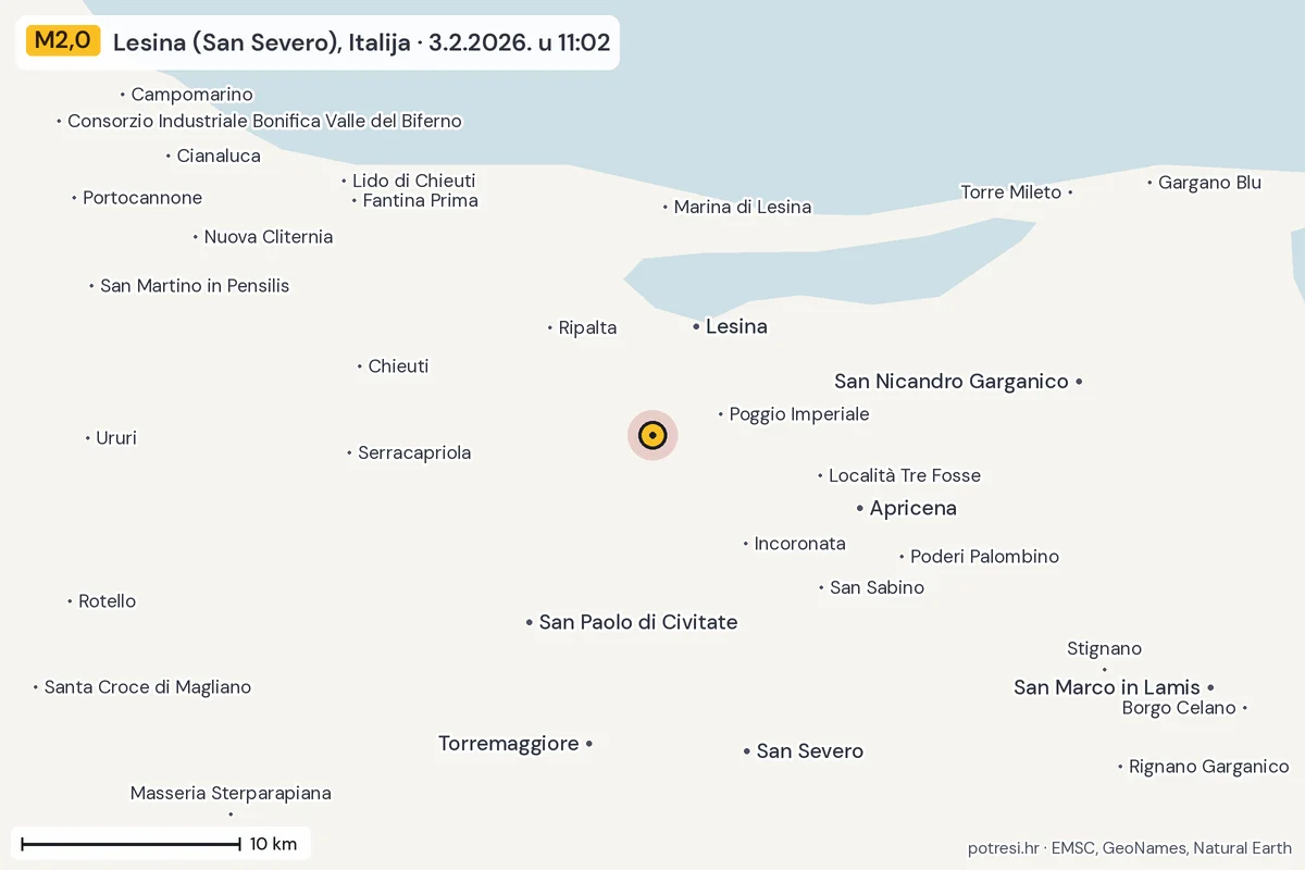 Karta: okolica epicentra, 60 km, potres M2,0, Lesina (San Severo), Italija, 3.2.2026.