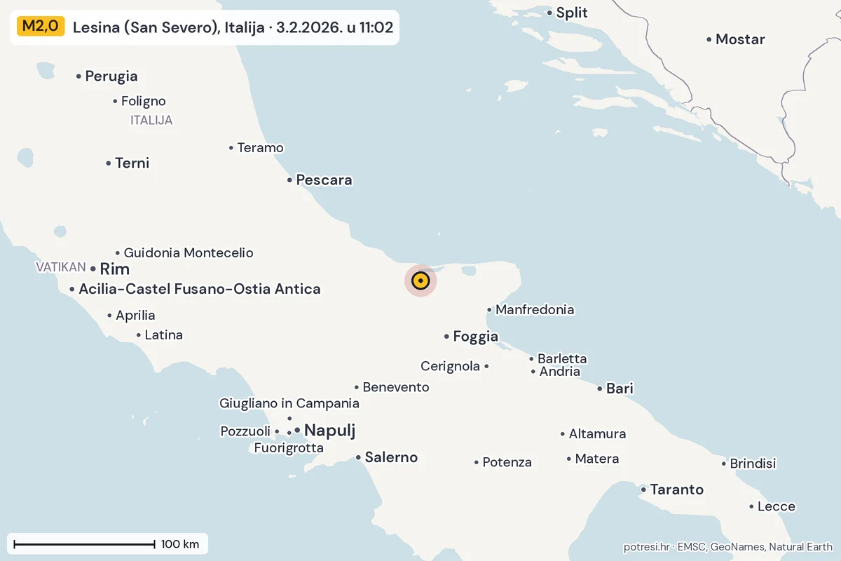 Karta: šire područje, 600 km, potres M2,0, Lesina (San Severo), Italija, 3.2.2026.