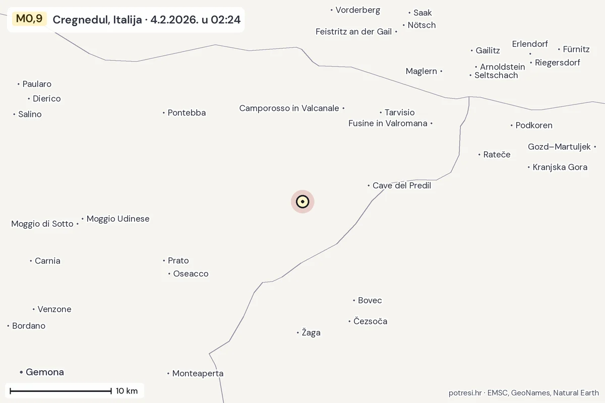 Karta: okolica epicentra, 60 km, potres M0,9, Cregnedul, Italija, 4.2.2026.