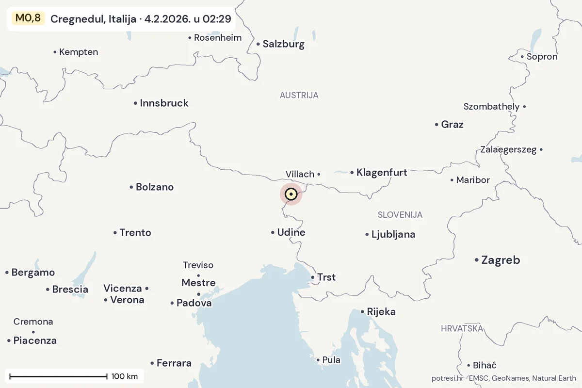 Karta: šire područje, 600 km, potres M0,8, Cregnedul, Italija, 4.2.2026.