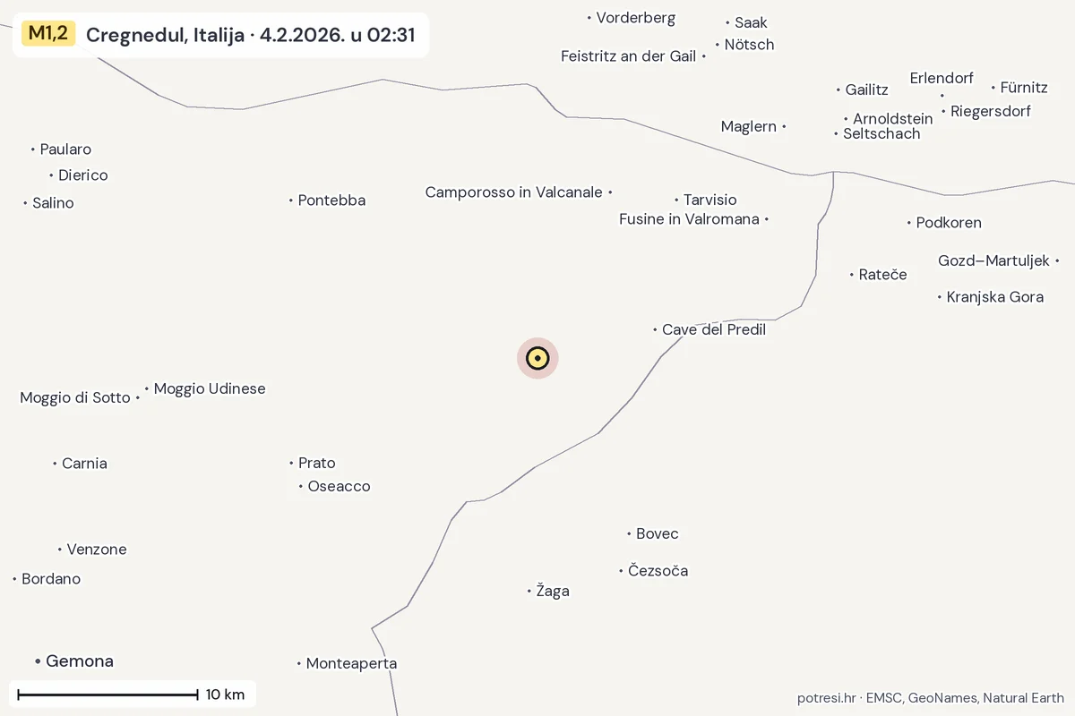 Karta: okolica epicentra, 60 km, potres M1,2, Cregnedul, Italija, 4.2.2026.