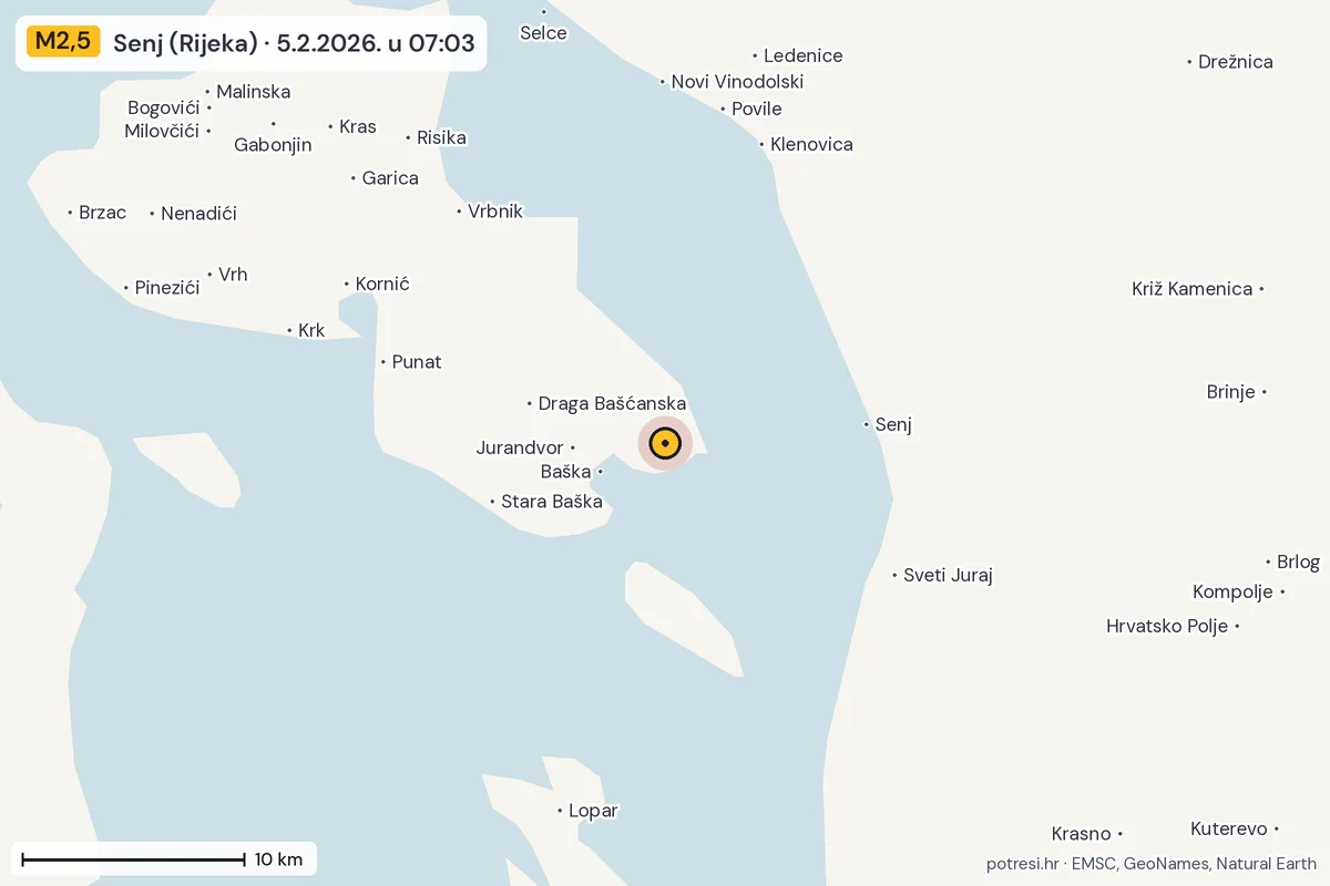 Karta: okolica epicentra, 60 km, potres M2,5, Senj (Rijeka), 5.2.2026.