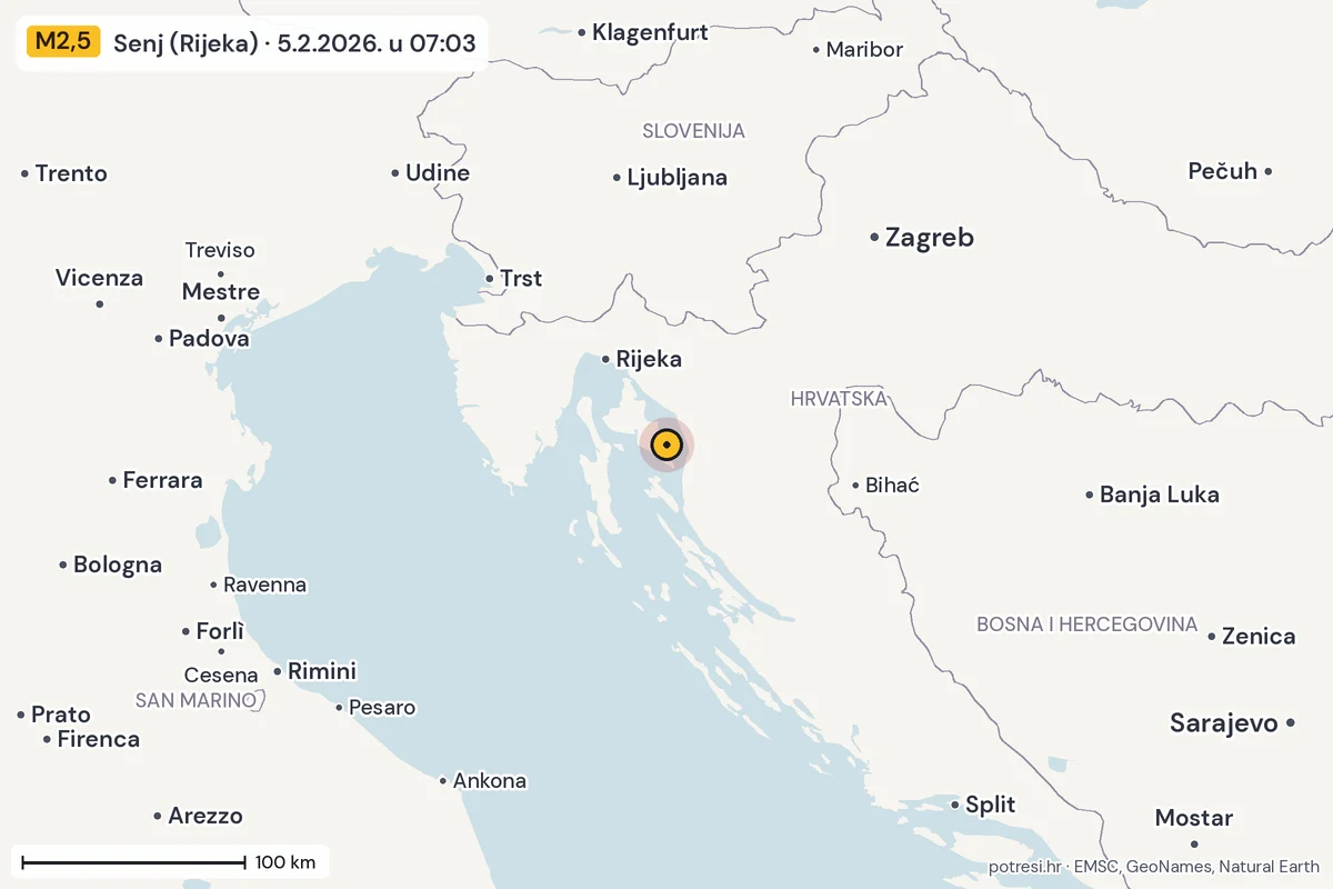 Karta: šire područje, 600 km, potres M2,5, Senj (Rijeka), 5.2.2026.