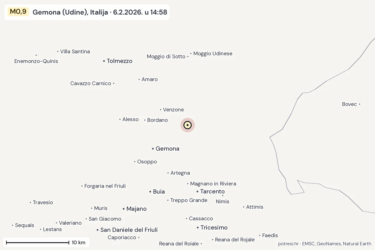 Karta: okolica epicentra, 60 km, potres M0,9, Gemona (Udine), Italija, 6.2.2026.