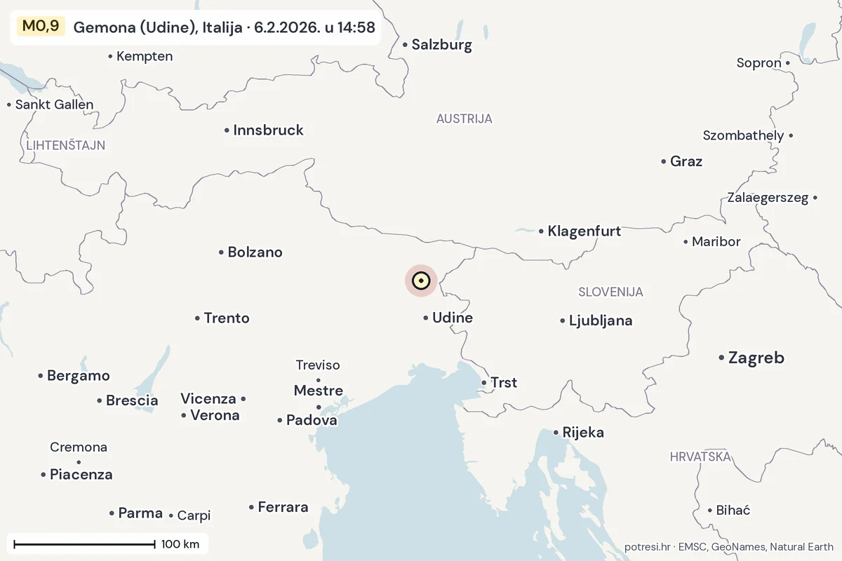 Karta: šire područje, 600 km, potres M0,9, Gemona (Udine), Italija, 6.2.2026.