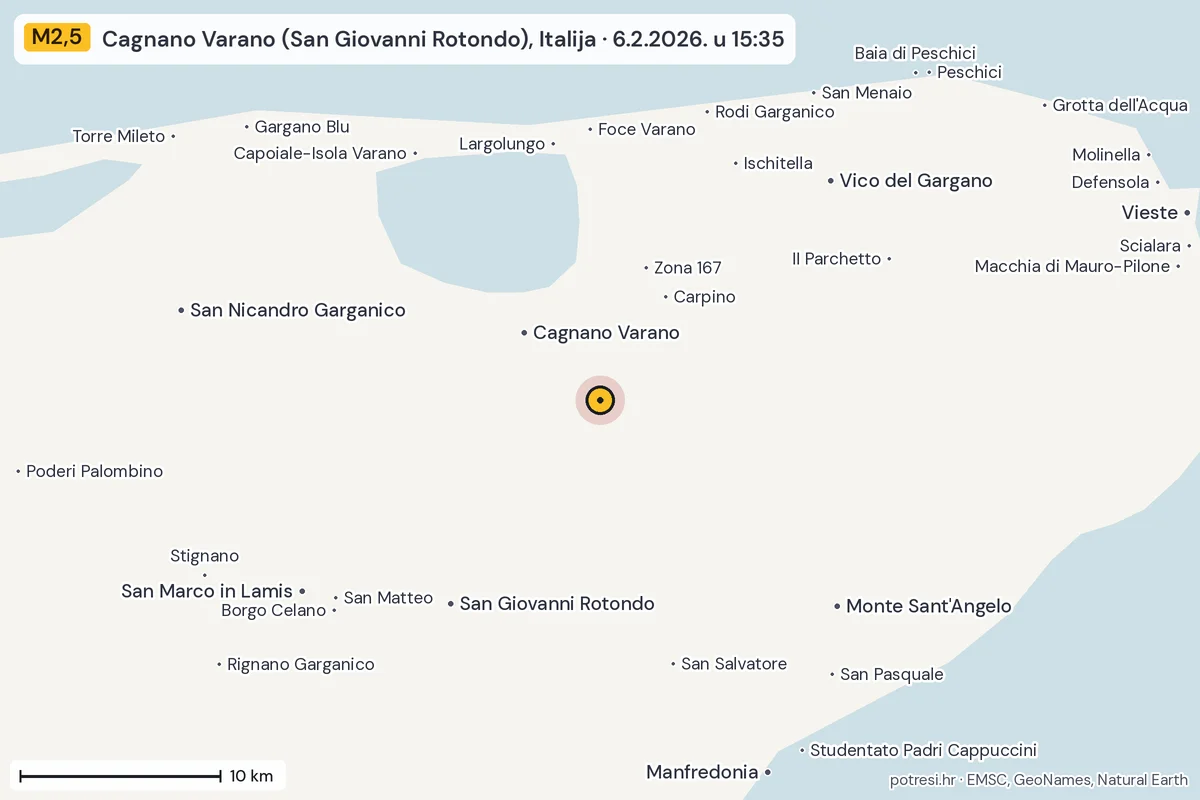 Karta: okolica epicentra, 60 km, potres M2,5, Cagnano Varano (San Giovanni Rotondo), Italija, 6.2.2026.