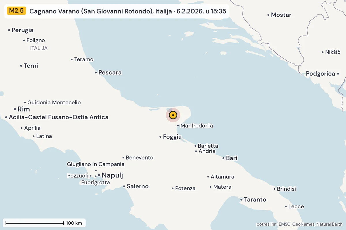 Karta: šire područje, 600 km, potres M2,5, Cagnano Varano (San Giovanni Rotondo), Italija, 6.2.2026.