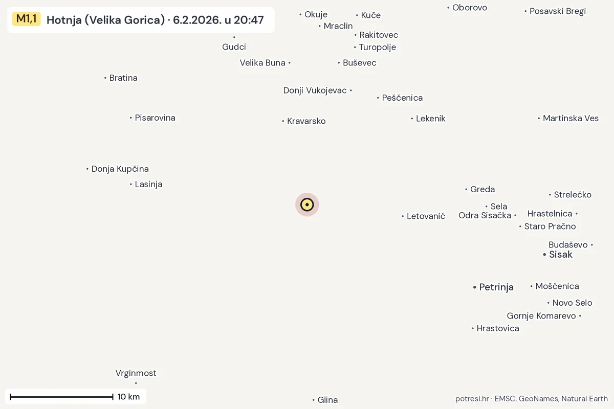 Karta: okolica epicentra, 60 km, potres M1,1, Hotnja (Velika Gorica), 6.2.2026.