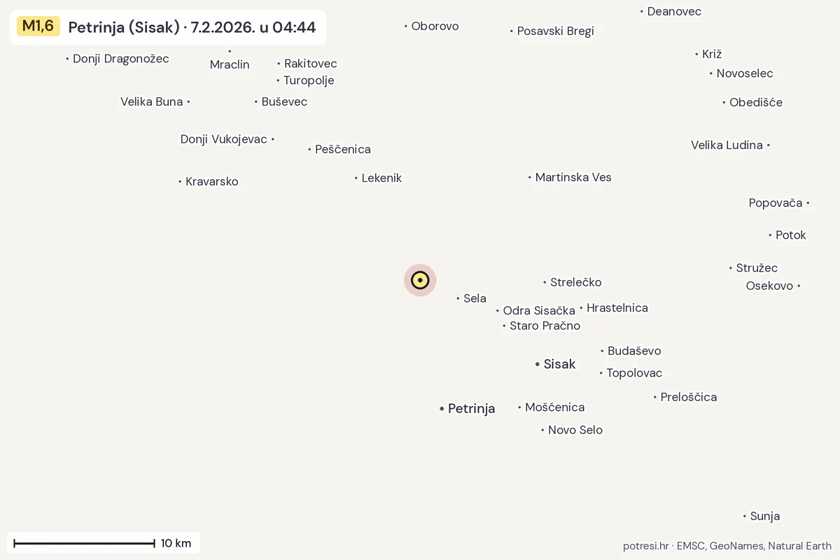 Karta: okolica epicentra, 60 km, potres M1,6, Petrinja (Sisak), 7.2.2026.