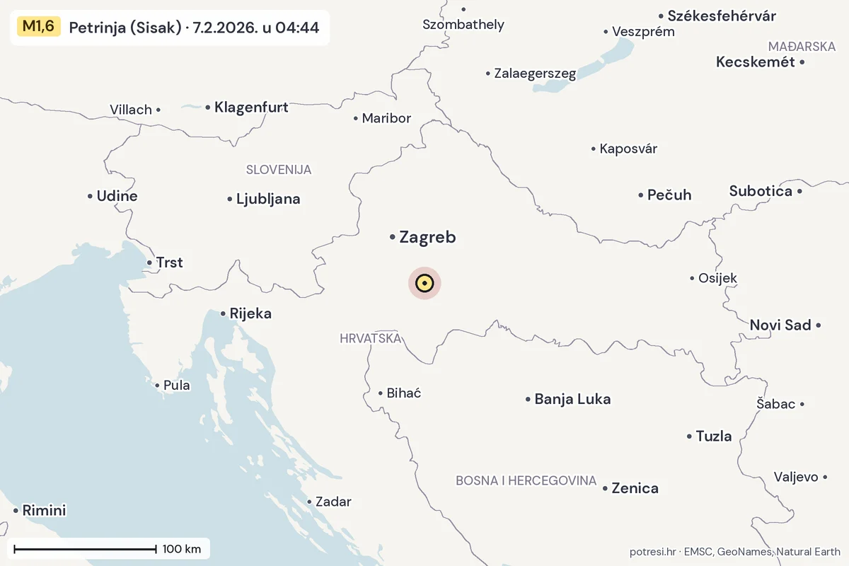 Karta: šire područje, 600 km, potres M1,6, Petrinja (Sisak), 7.2.2026.