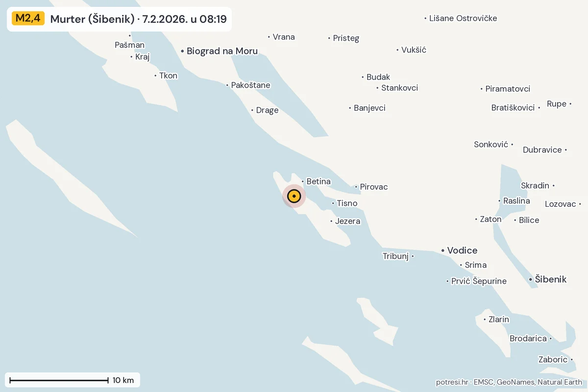 Karta: okolica epicentra, 60 km, potres M2,4, Murter (Šibenik), 7.2.2026.
