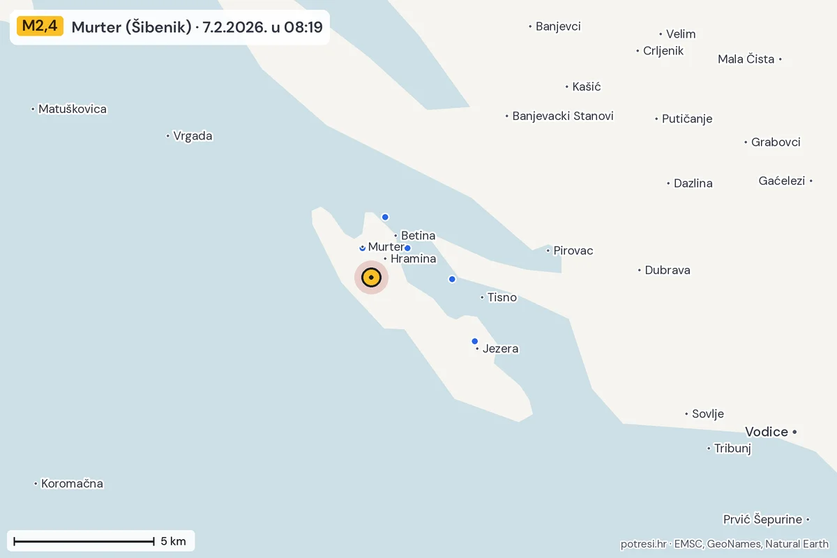 Karta: izvješća građana, potres M2,4, Murter (Šibenik), 7.2.2026.