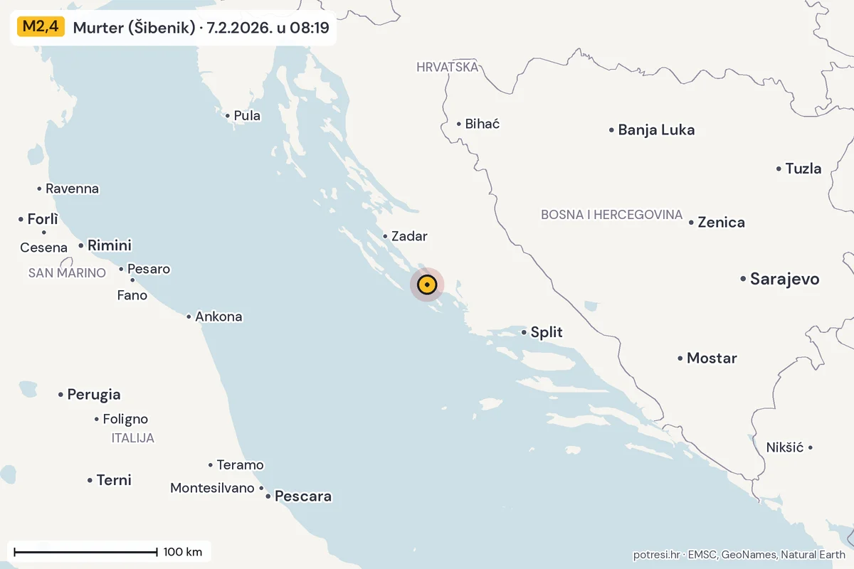Karta: šire područje, 600 km, potres M2,4, Murter (Šibenik), 7.2.2026.