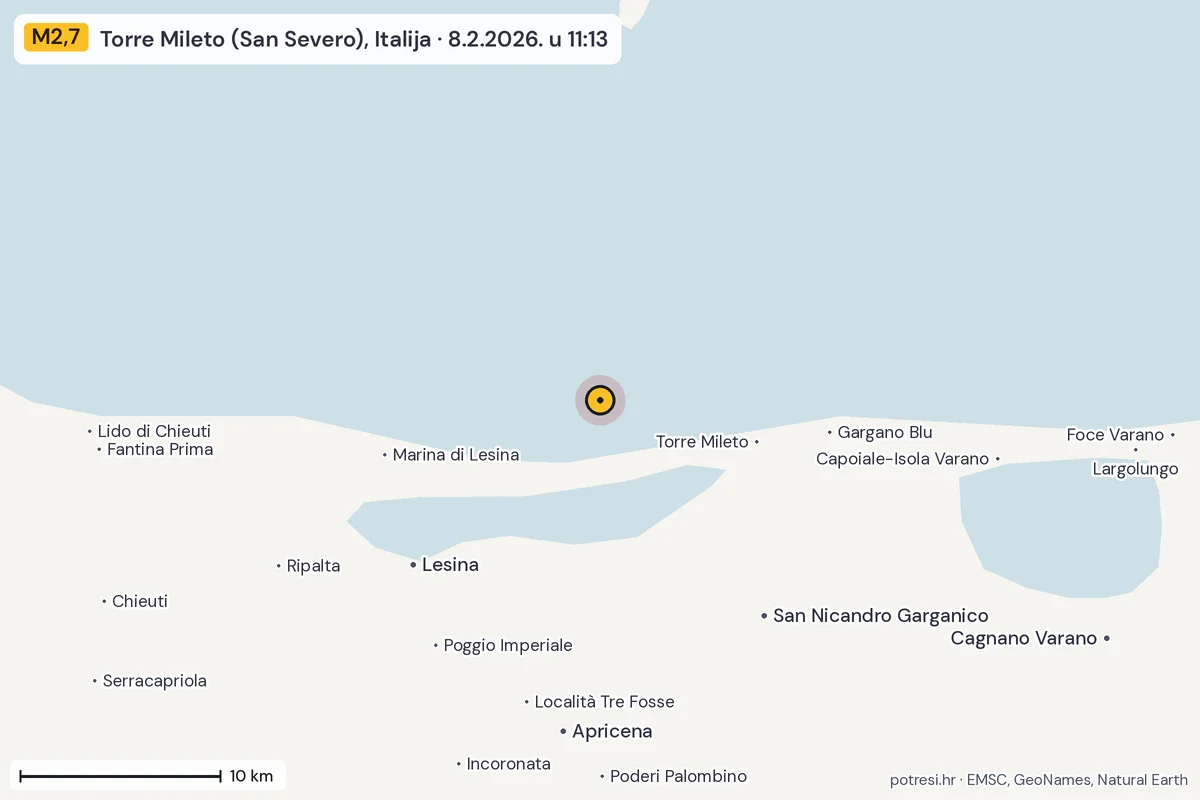 Karta: okolica epicentra, 60 km, potres M2,7, Torre Mileto (San Severo), Italija, 8.2.2026.