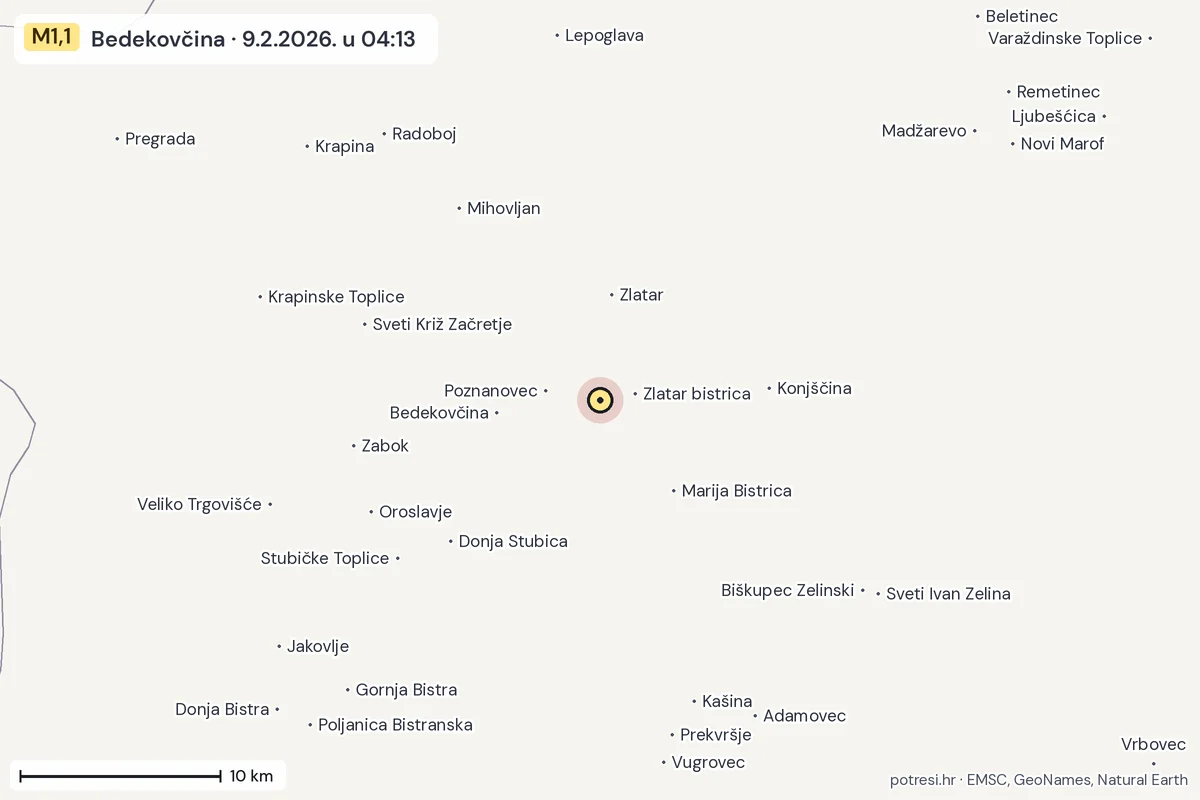 Karta: okolica epicentra, 60 km, potres M1,1, Bedekovčina, 9.2.2026.
