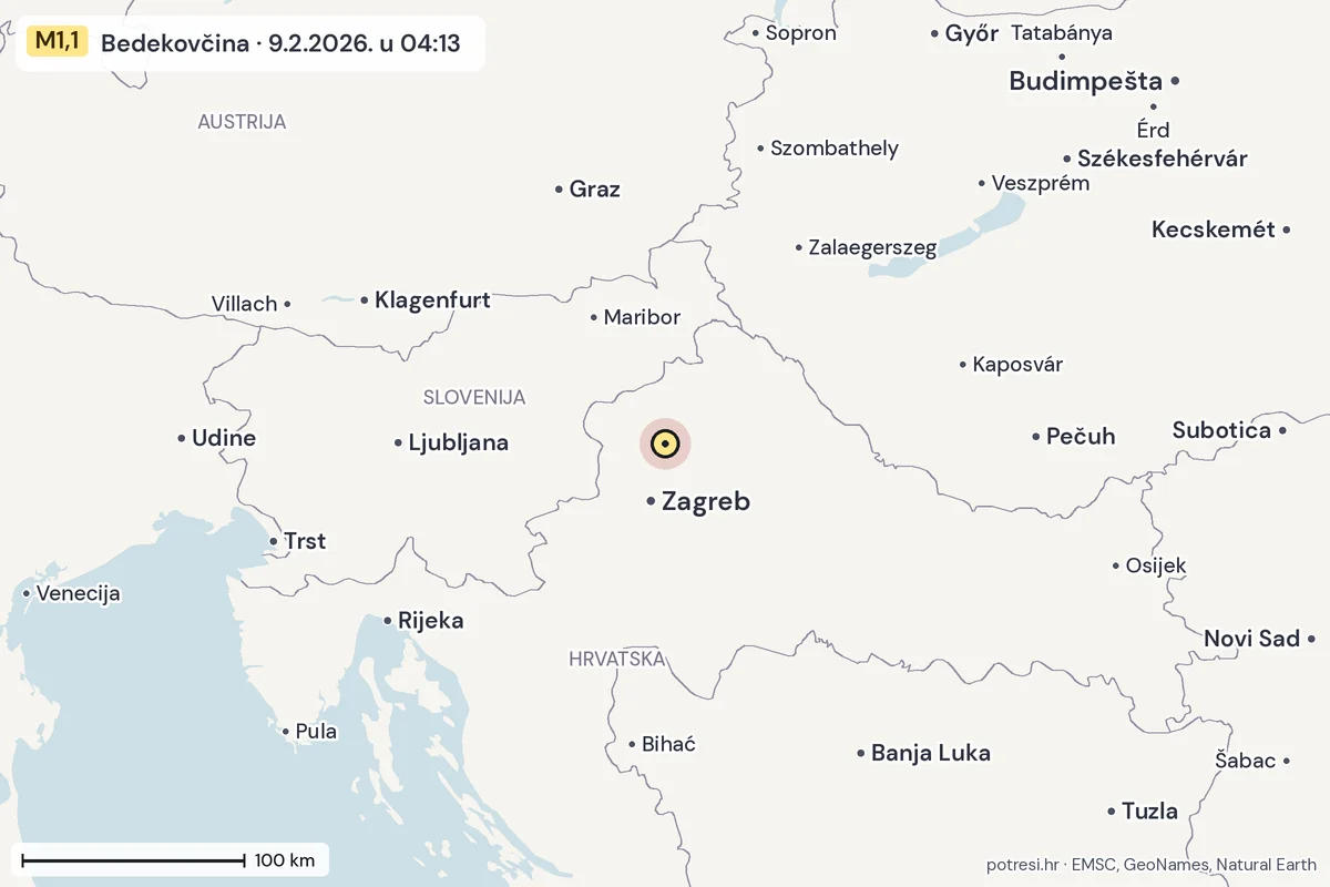 Karta: šire područje, 600 km, potres M1,1, Bedekovčina, 9.2.2026.