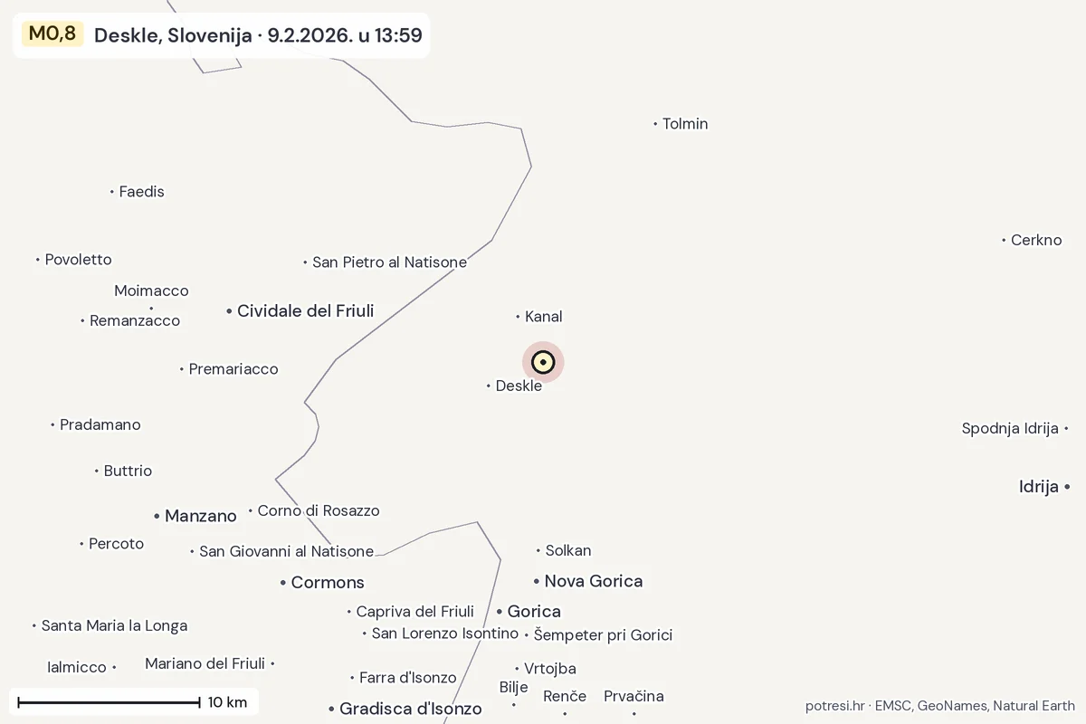 Karta: okolica epicentra, 60 km, potres M0,8, Deskle, Slovenija, 9.2.2026.