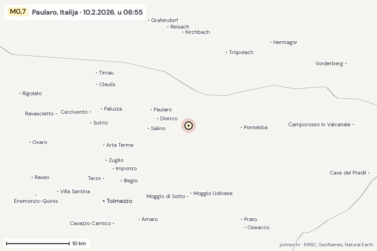 Karta: okolica epicentra, 60 km, potres M0,7, Paularo, Italija, 10.2.2026.