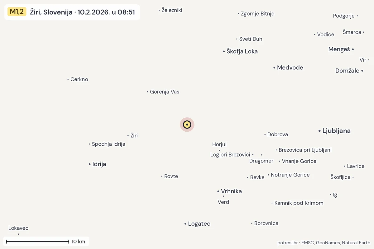 Karta: okolica epicentra, 60 km, potres M1,2, Žiri, Slovenija, 10.2.2026.
