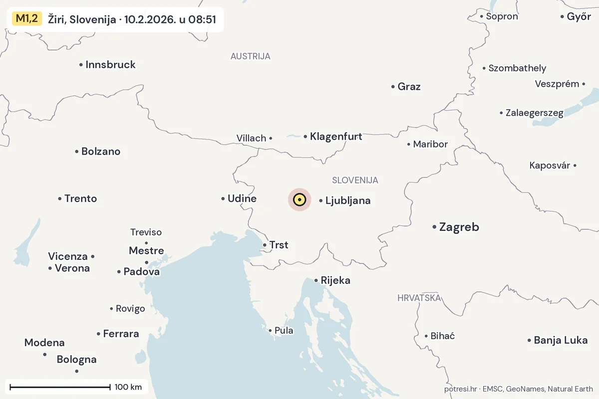 Karta: šire područje, 600 km, potres M1,2, Žiri, Slovenija, 10.2.2026.