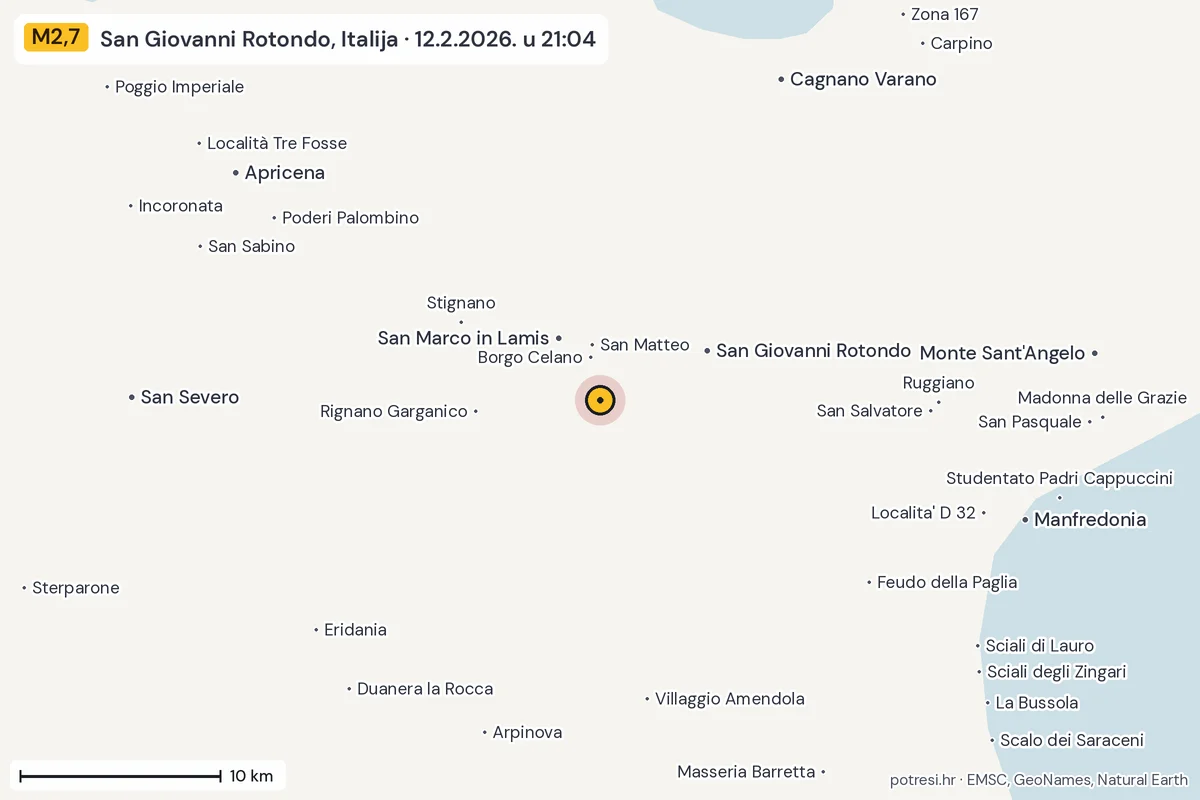 Karta: okolica epicentra, 60 km, potres M2,7, San Giovanni Rotondo, Italija, 12.2.2026.
