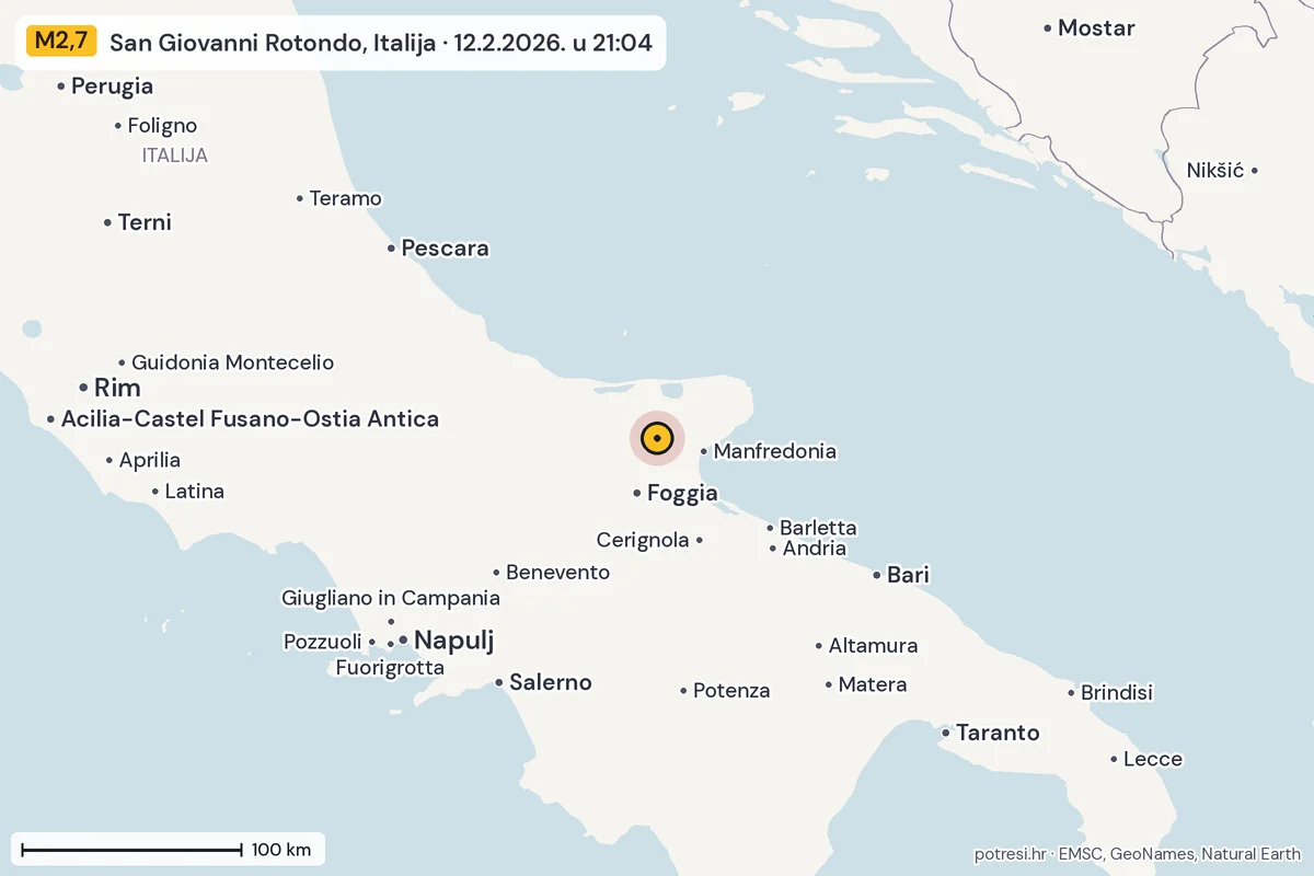 Karta: šire područje, 600 km, potres M2,7, San Giovanni Rotondo, Italija, 12.2.2026.
