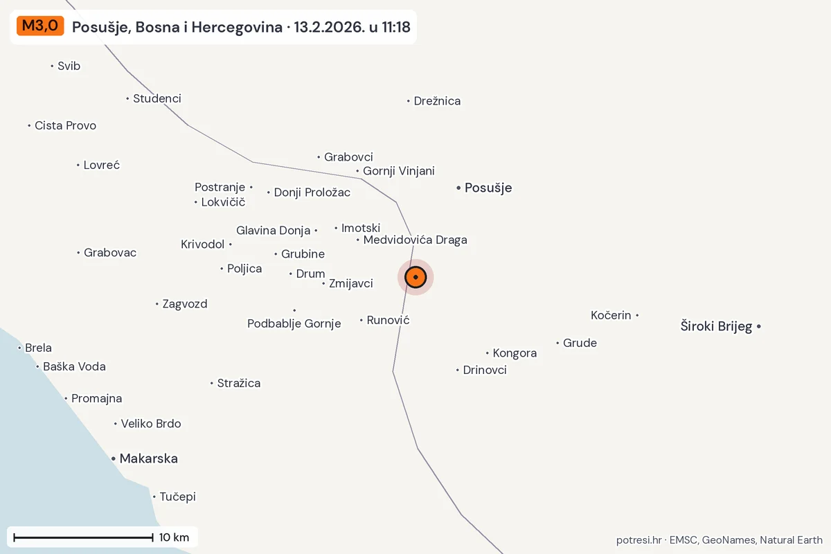 Karta: okolica epicentra, 60 km, potres M3,0, Posušje, Bosna i Hercegovina, 13.2.2026.