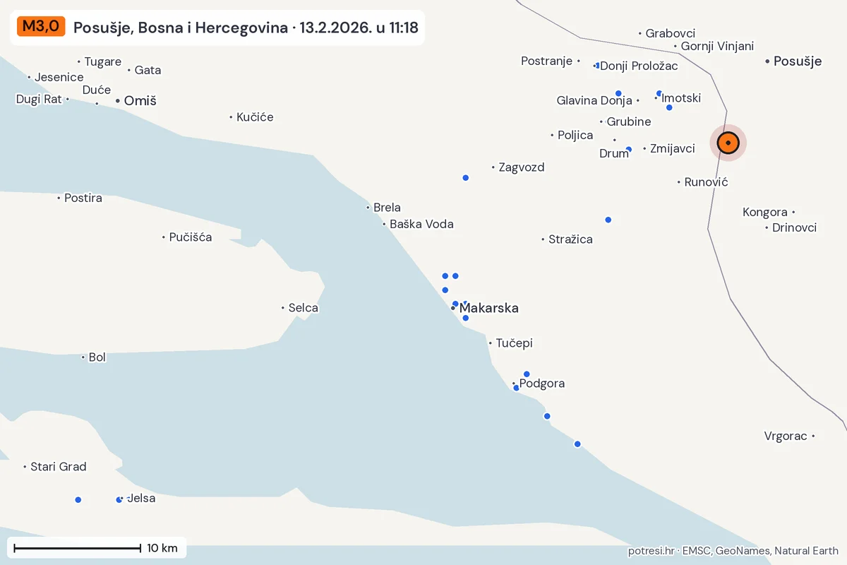 Karta: izvješća građana, potres M3,0, Posušje, Bosna i Hercegovina, 13.2.2026.