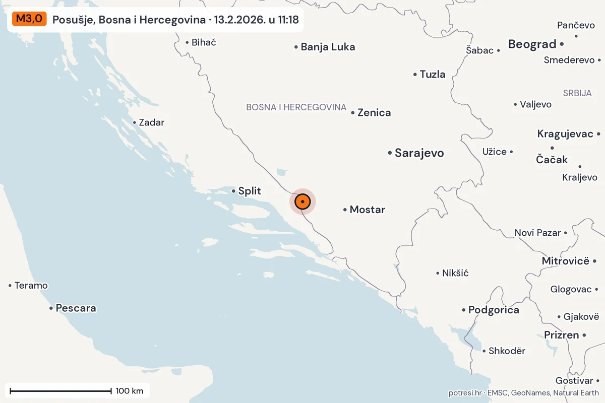 Karta: šire područje, 600 km, potres M3,0, Posušje, Bosna i Hercegovina, 13.2.2026.