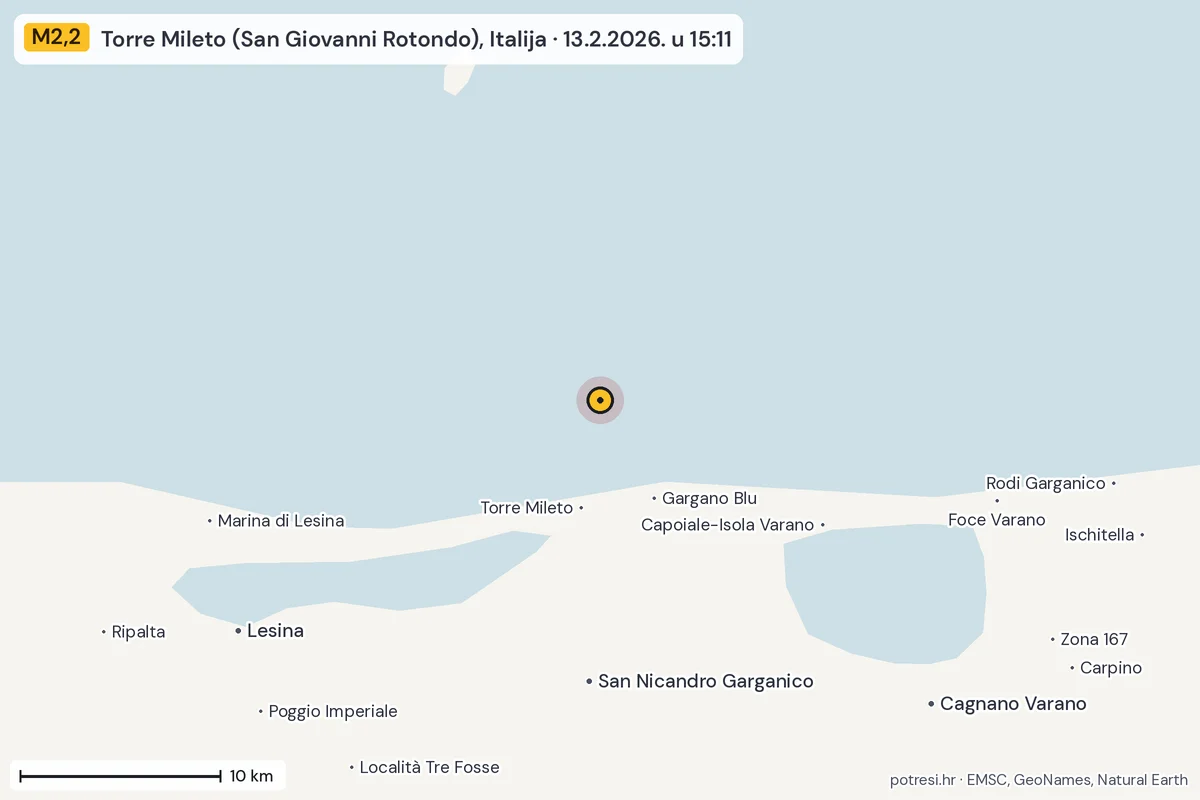 Karta: okolica epicentra, 60 km, potres M2,2, Torre Mileto (San Giovanni Rotondo), Italija, 13.2.2026.