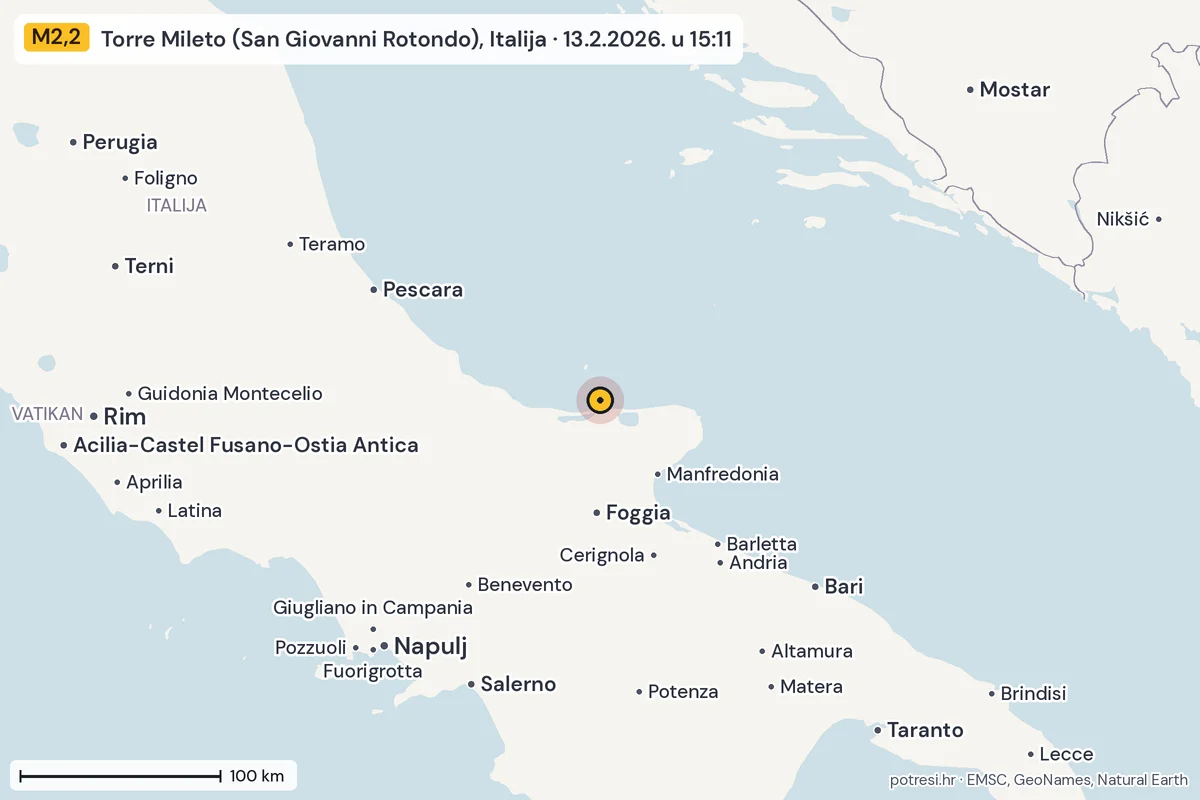 Karta: šire područje, 600 km, potres M2,2, Torre Mileto (San Giovanni Rotondo), Italija, 13.2.2026.