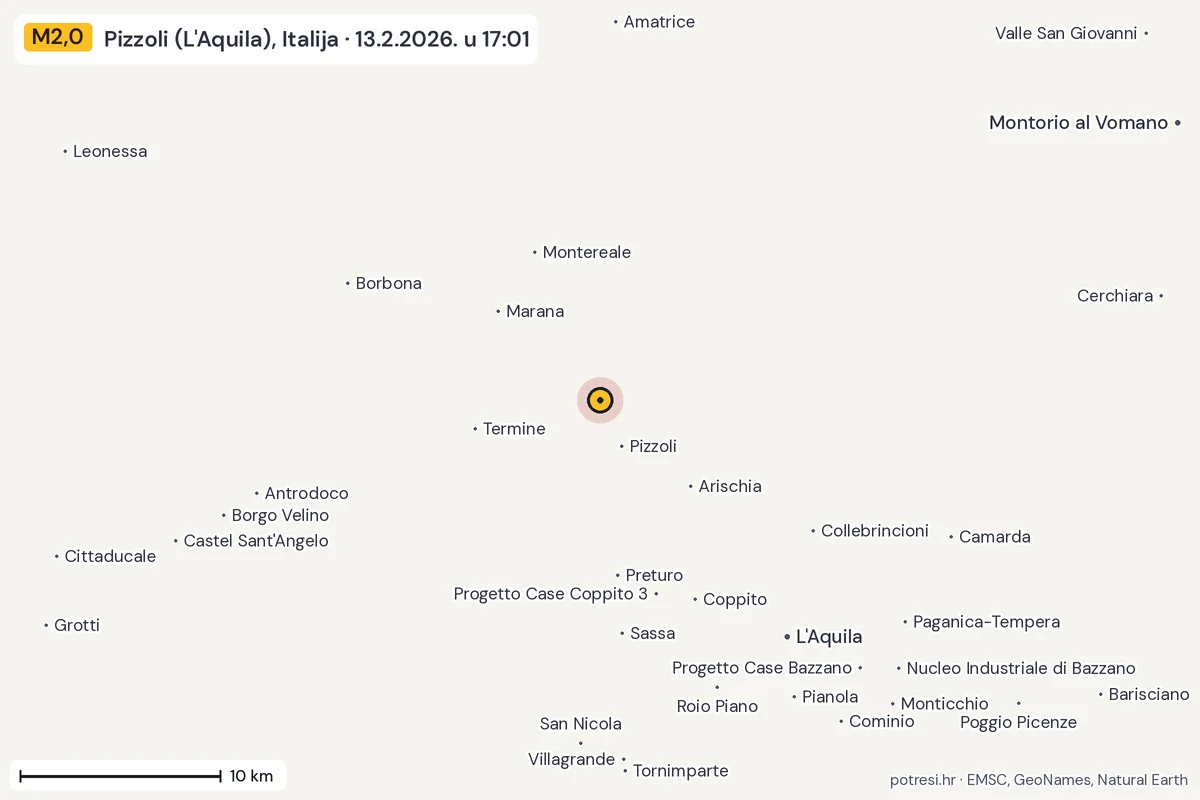 Karta: okolica epicentra, 60 km, potres M2,0, Pizzoli (L'Aquila), Italija, 13.2.2026.