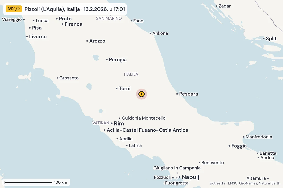 Karta: šire područje, 600 km, potres M2,0, Pizzoli (L'Aquila), Italija, 13.2.2026.
