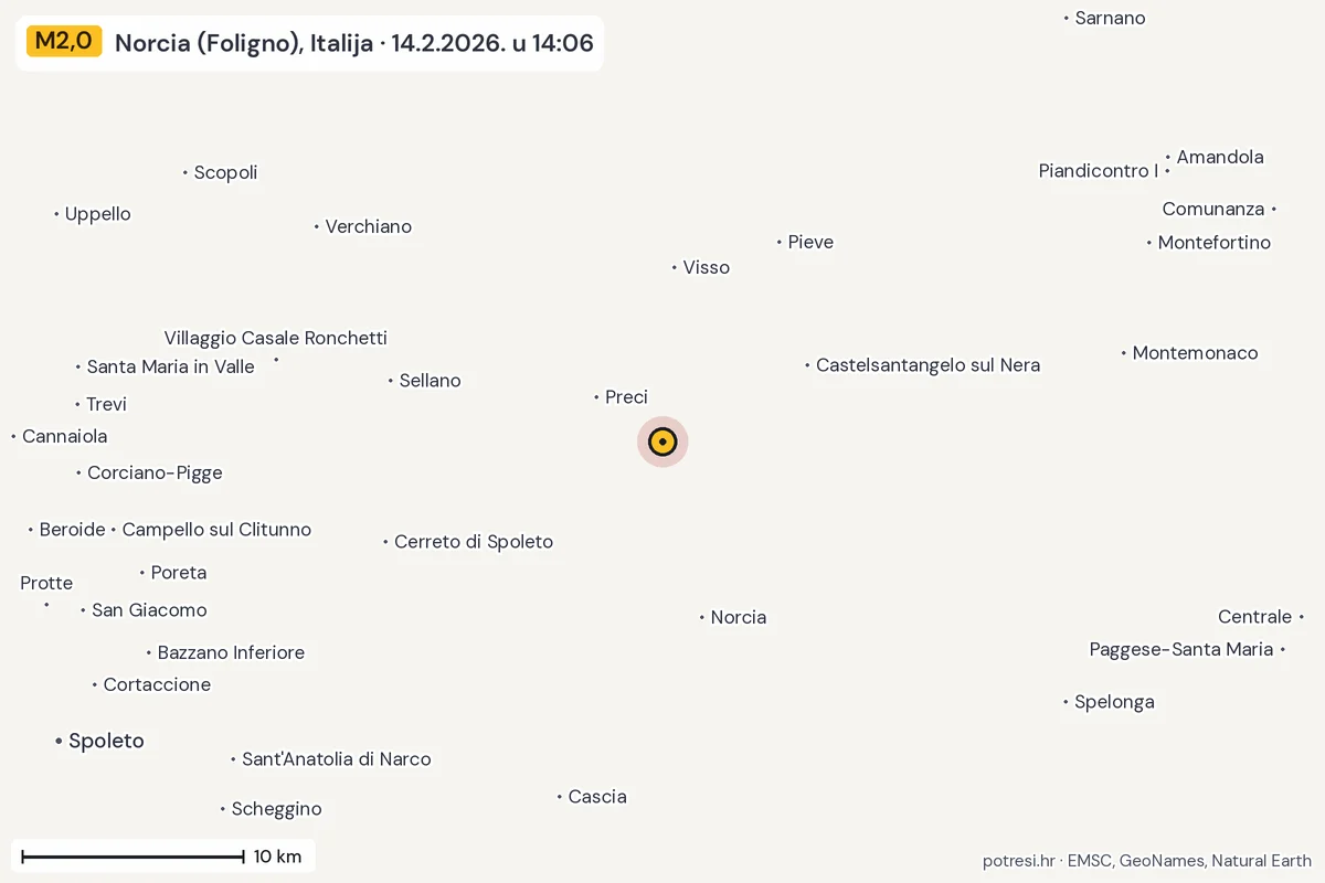 Karta: okolica epicentra, 60 km, potres M2,0, Norcia (Foligno), Italija, 14.2.2026.
