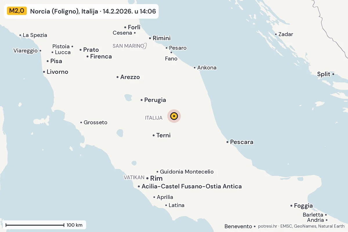 Karta: šire područje, 600 km, potres M2,0, Norcia (Foligno), Italija, 14.2.2026.